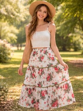 NWT Vintage-Inspired Strawberry Print Tiered Midi Skirt | Cottagecore Boho